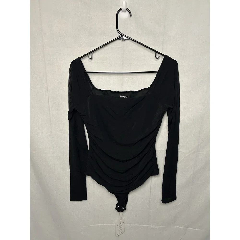 PINKMSTYLE Womens Square Neck Mesh Long Sleeve Bodysuit Beige Size‎ Medium